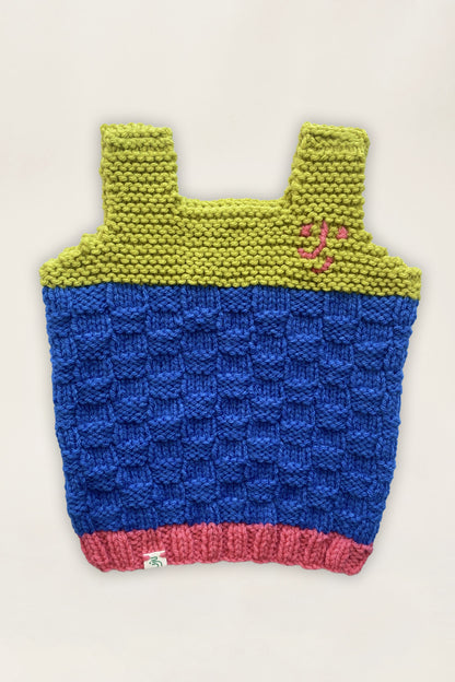 Hand Knitted Vest Blue & Avocado - Size 6 months